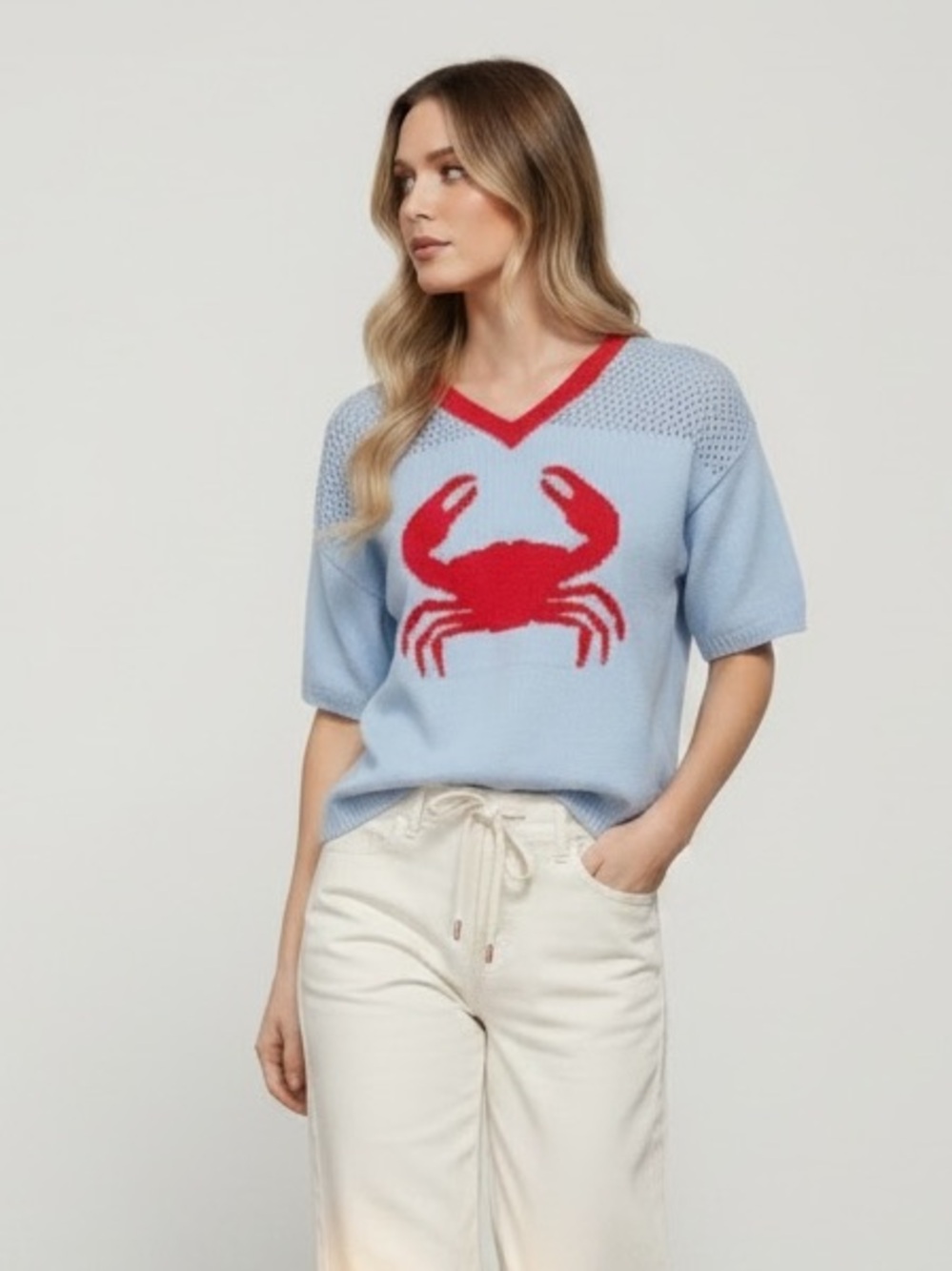 Light Blue Crab Intarsia V-Neck Knit Top - Picture 4 of 8